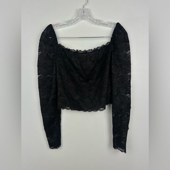 GUESS Kristy Off-The-Shoulder Lace Top Black Sheer 3/4 Sleeves Sz L - Picture 1 of 12